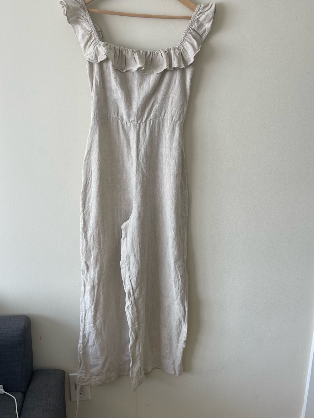 & Other Stories Linen Blend Ruffle-Sleeve Wide-Leg Jumpsuit Light Beige size 4
